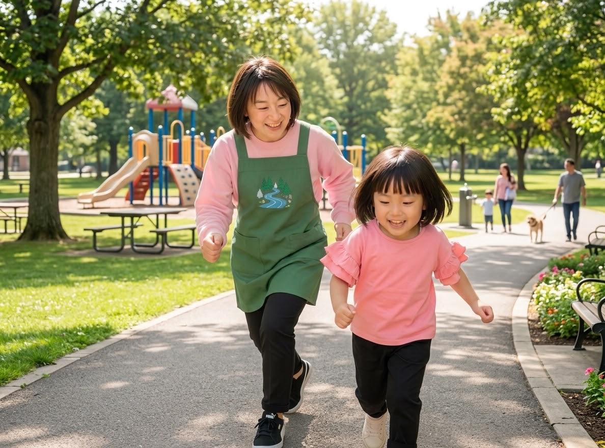 森の小川沿いを笑顔で歩く親子