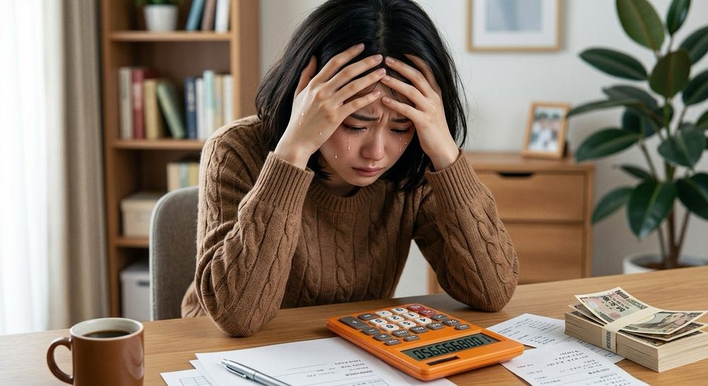料金計算に頭を抱える女性